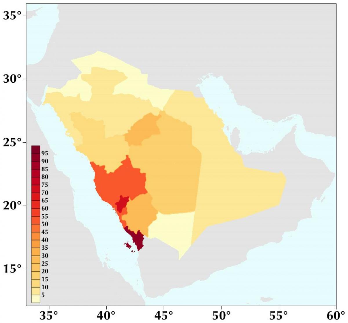 Arabia Saudita densidade de poboación mapa