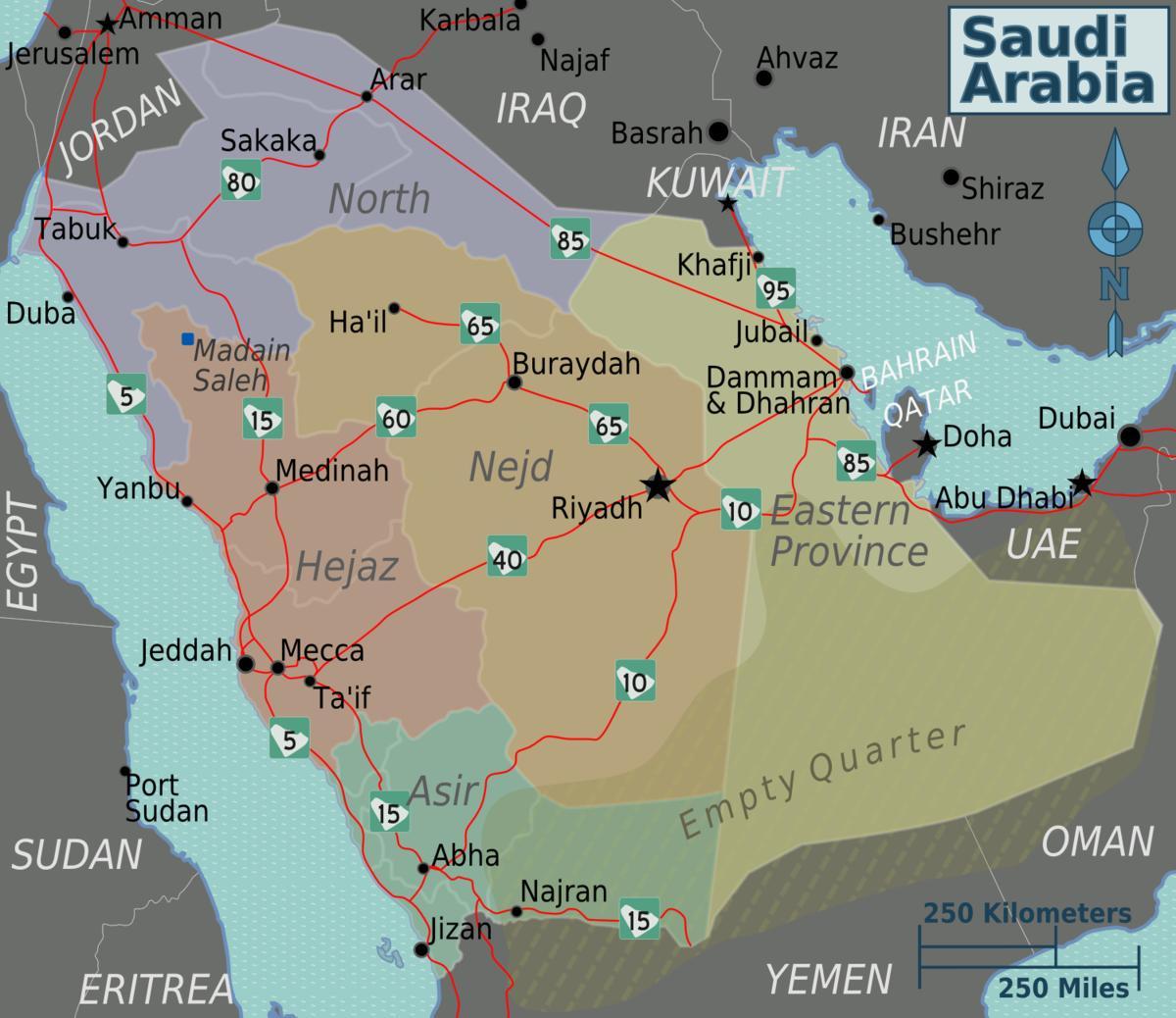 Mapa de Arabia Saudita con cidades distancia