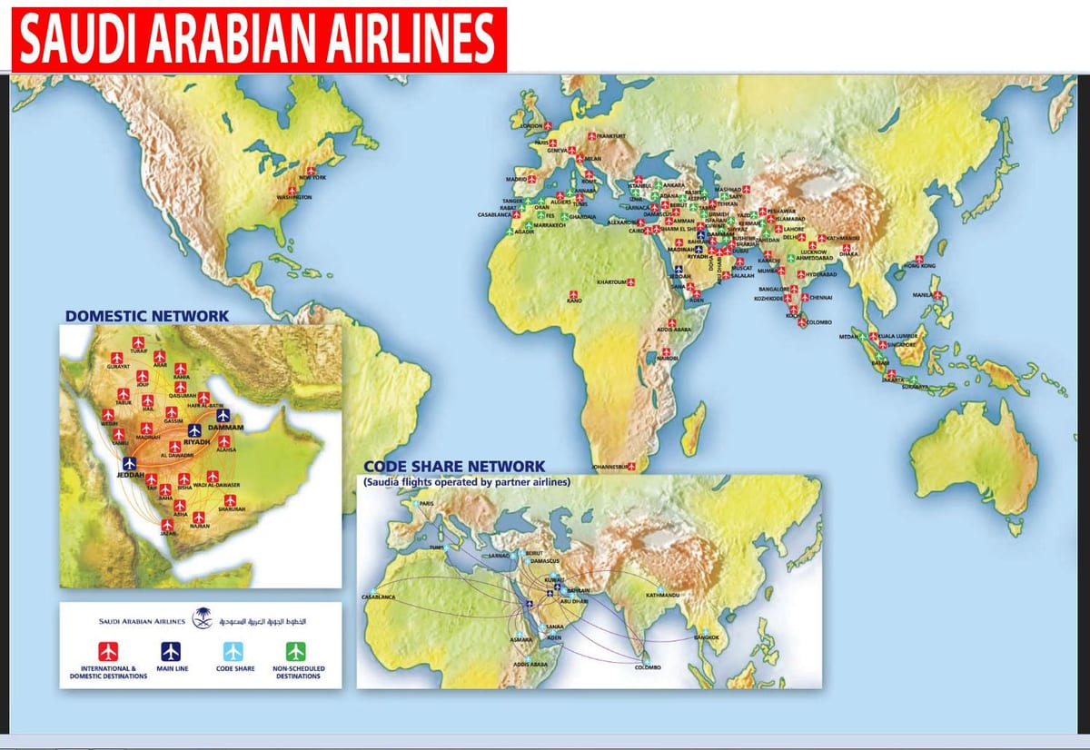 Mapa de Arabia saudita, compañías aéreas ruta