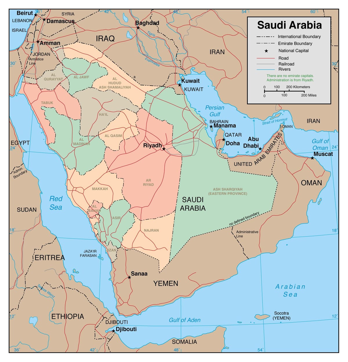 Mapa do contorno Arabia Saudita con países veciños