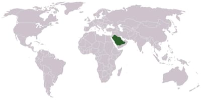 Arabia Saudita en un mapa do mundo