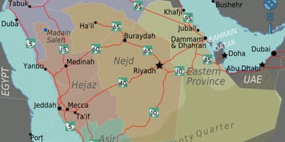 Mapa de Arabia Saudita con cidades distancia